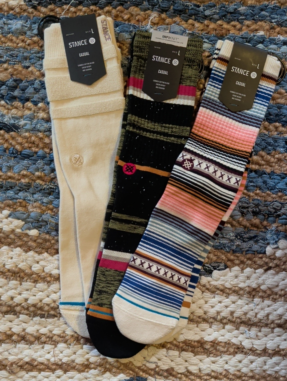 Stance Men's Casual Crew Socks - Cream, Black, Olive, Pink, Blue Stripes